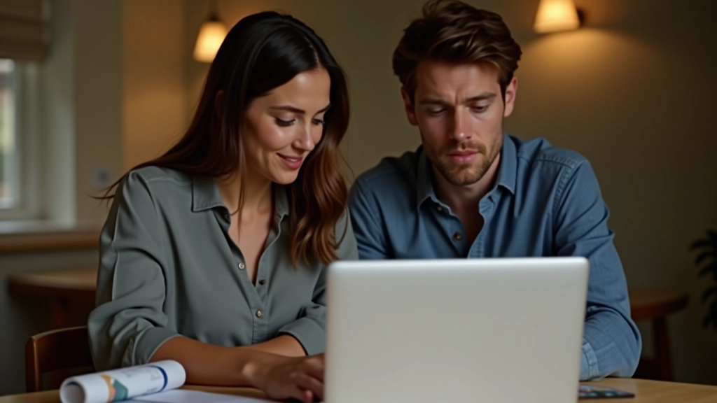 Couple assis ensemble regardant un écran d'ordinateur portable avec des graphiques financiers