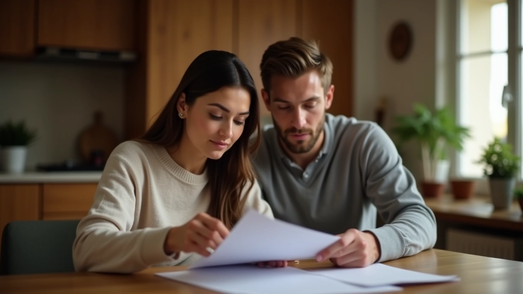 Couple planifiant ensemble leur budget financier à la table avec documents et calculatrice