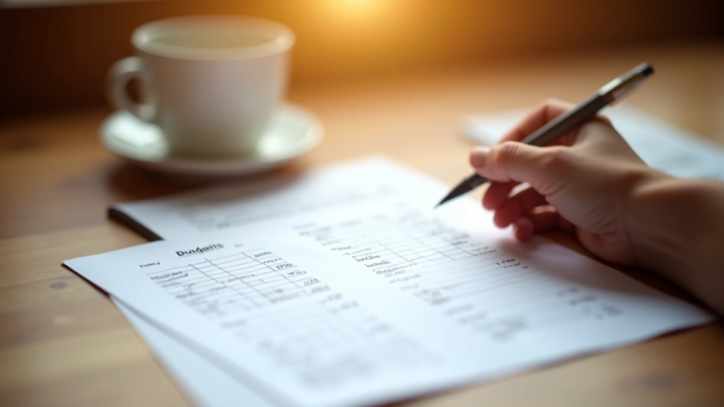 Liste de budget manuscrite avec des montants et catégories de dépenses tracés